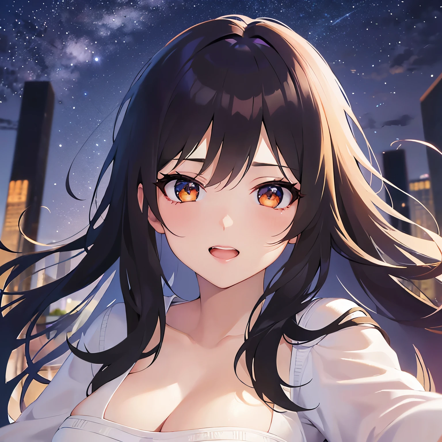 (open arms for viewer:1.5),(looking at viewer:1.5),upper body,
Realistic, real person, (pale skin: 1.2), RAW photo, photorealistic, shiny skin, shiny hair、
(A 25-year-old woman with medium-length hair and bangs) and (wavy hair) and (brown hair) and (Orange Eyes)、(white) and (T-shirt) and (v neck) 、(Cleavage:1.5)、
Tears of Joy,blush,,Midnight in the Park、(Night Sky:1.5)