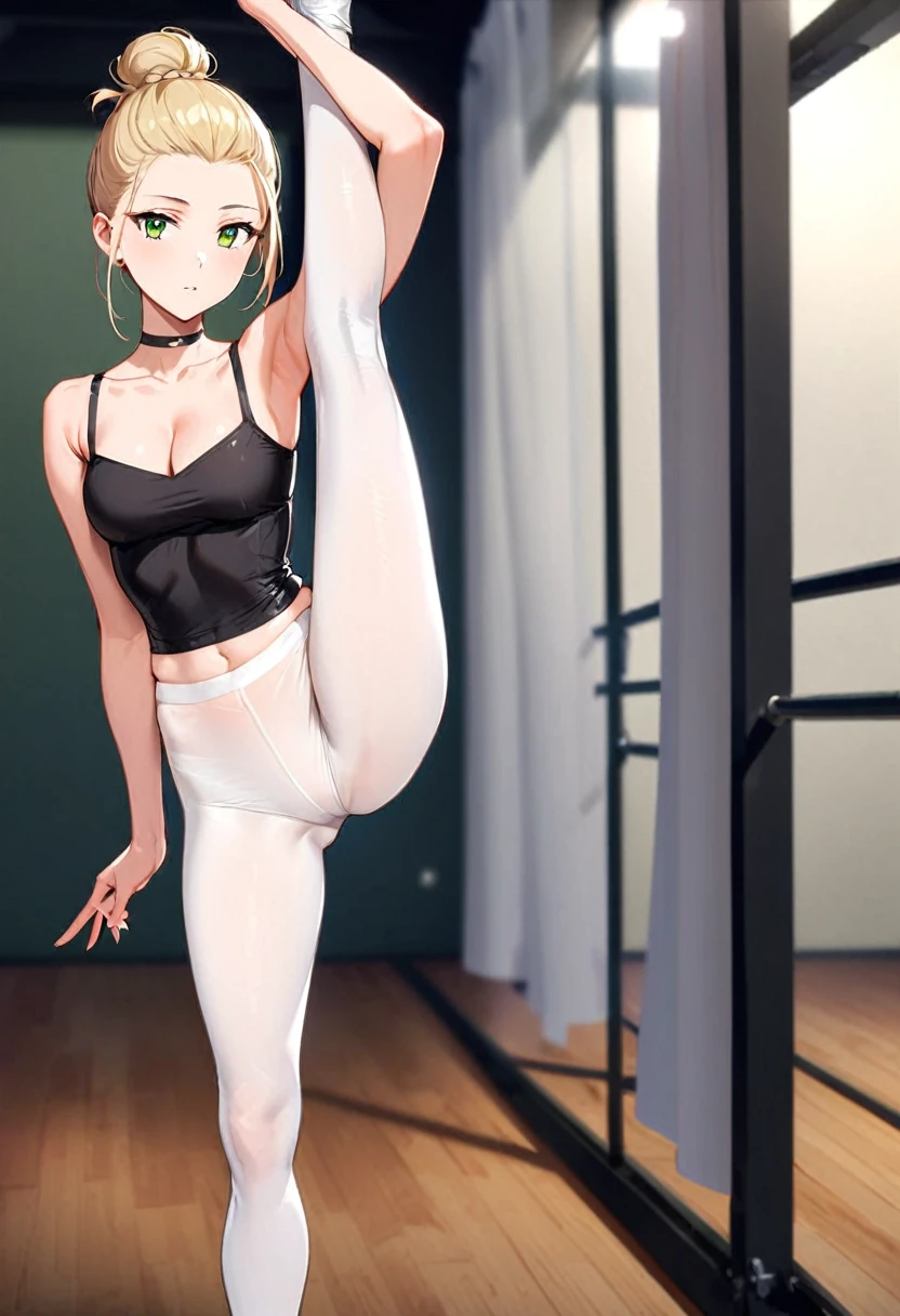 A woman, 21-years-old, solo, Caucasian, blonde hair tied back in a bun, no bangs, green eyes, black tube top, shoulders, black choker, white pantyhose, standing_split, dance studio, wooden floors, curtains, pointe shoes, calm facial expression, serene, relaxed, peaceful, soft gaze, night, cleavage