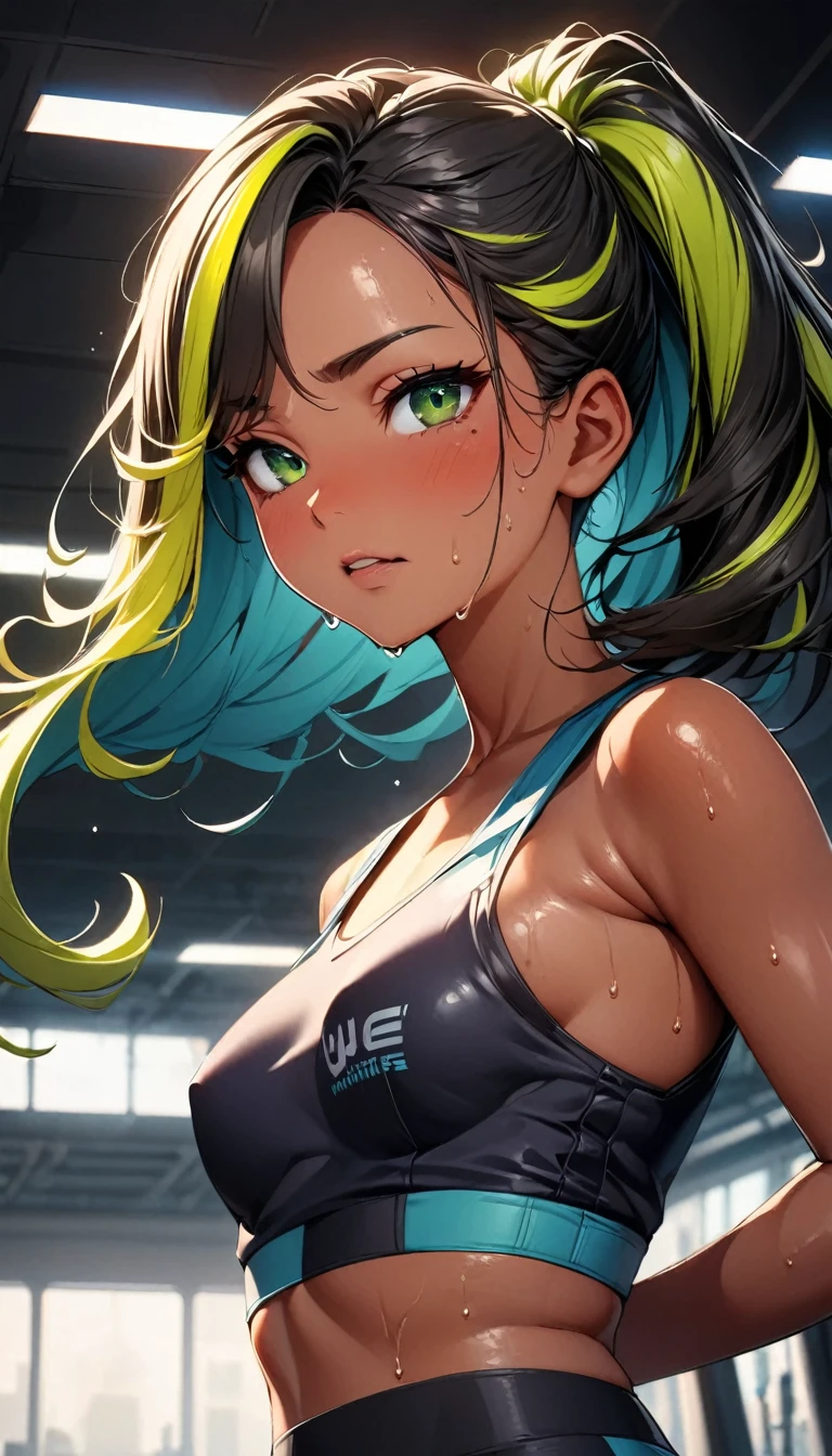 (highest quality:1.2, Very detailed, up to date, Vibrant, Ultra-high resolution, High Contrast, masterpiece:1.2, highest quality, Best aesthetics), Portraiture、girl、25 years old, Bright colors、Beautiful fine details、Beautiful lip detail、long hair、ponytail, white and yellow green ((streaked hair:1.6)), highlights hair: 1.5, (small breast,:1) (tan skin:1.1), 、Exercising at the gym wearing sports bra and sports leggings, sweaty skin, cowboy shot, exercise on training machine、 painful