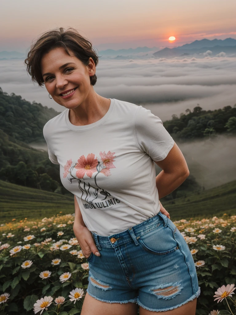 1 girl, photorealistic, realistic, her name is Elise, middle age, a 45-year-old woman with gray hair, body of 45-year-old woman, wrinkles on her face and body, Alpine woman, ((dark brown hair, short hair))), smiling,(((dynamic pose))), (((tight-fitting t-shirt.,Stylish denim shorts,The quiet mountains are shrouded in a sea of mist.,Stunning sunrise casting warm hues,Beautiful flowers bloomed in front of us.,The atmosphere is dreamy and peaceful.,Beautiful landscape of Thailand,Harmony between nature and humanity)))