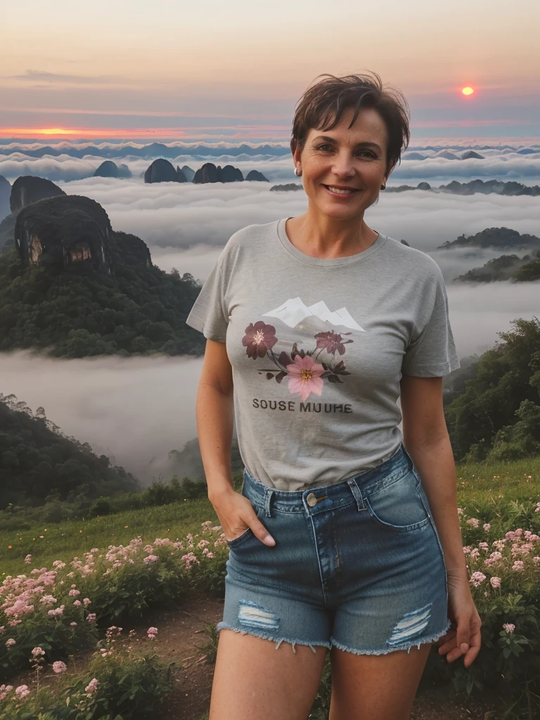 1 girl, photorealistic, realistic, her name is Elise, middle age, a 45-year-old woman with gray hair, body of 45-year-old woman, wrinkles on her face and body, Alpine woman, ((dark brown hair, short hair))), smiling,(((dynamic pose))), (((tight-fitting t-shirt.,Stylish denim shorts,The quiet mountains are shrouded in a sea of mist.,Stunning sunrise casting warm hues,Beautiful flowers bloomed in front of us.,The atmosphere is dreamy and peaceful.,Beautiful landscape of Thailand,Harmony between nature and humanity)))