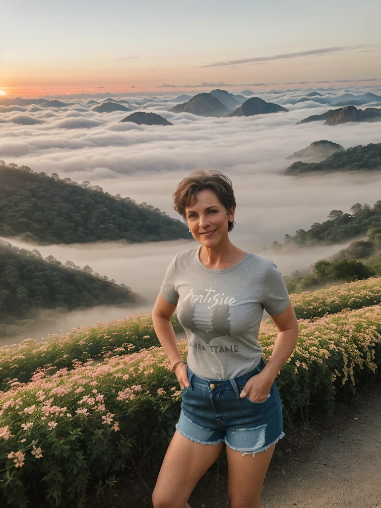 1 girl, photorealistic, realistic, her name is Elise, middle age, a 45-year-old woman with gray hair, body of 45-year-old woman, wrinkles on her face and body, Alpine woman, ((dark brown hair, short hair))), smiling,(((dynamic pose))), (((tight-fitting t-shirt.,Stylish denim shorts,The quiet mountains are shrouded in a sea of mist.,Stunning sunrise casting warm hues,Beautiful flowers bloomed in front of us.,The atmosphere is dreamy and peaceful.,Beautiful landscape of Thailand,Harmony between nature and humanity)))