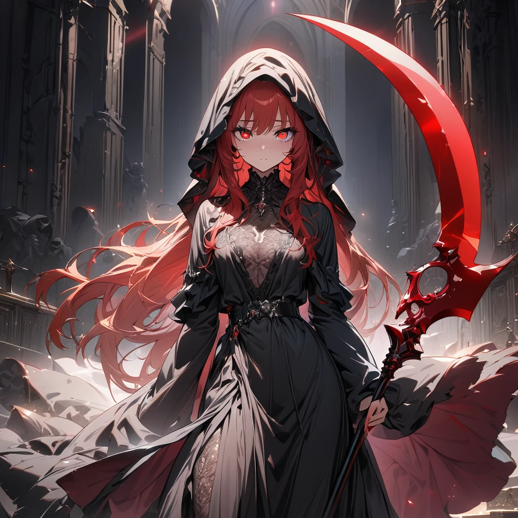 one beautiful Germans girl's Grim Reaper,teenagers,wearing robe,She's standing with a scythe,Look in here,luxury,(((masterpiece))), (((best quality))), ((ultra-detailed)), (illustration), (detailed light),((an extremely delicate and beautiful)),(beautiful detailed eyes),red eyes