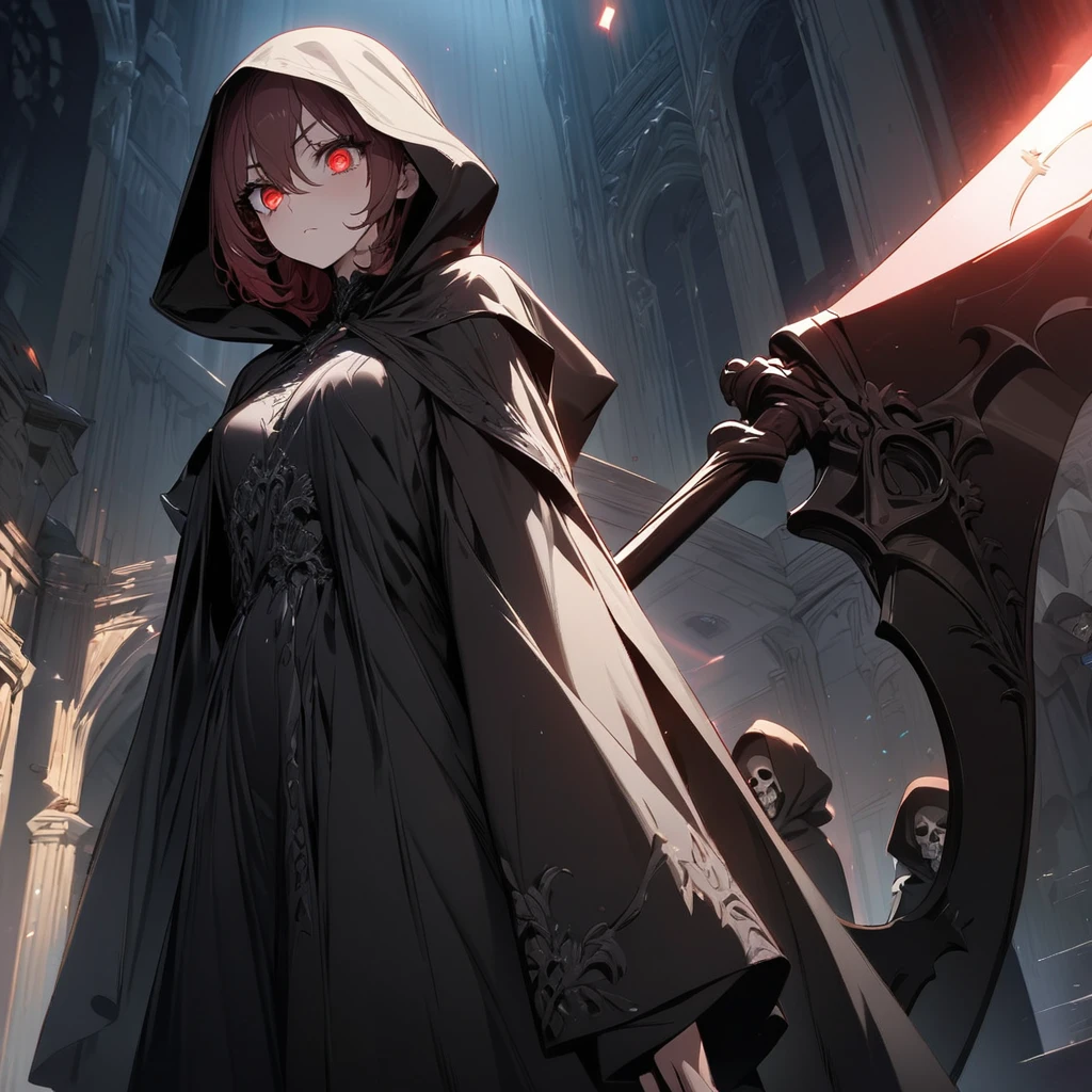 one beautiful Germans girl's Grim Reaper,teenagers,wearing robe,She's standing with a scythe,Look in here,luxury,(((masterpiece))), (((best quality))), ((ultra-detailed)), (illustration), (detailed light),((an extremely delicate and beautiful)),(beautiful detailed eyes),red eyes