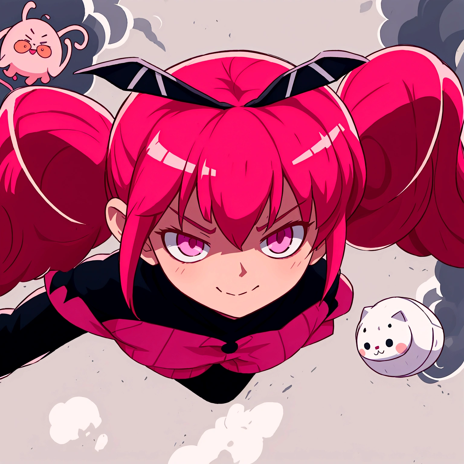 Anime girl with pink hair and a black outfit flies through the air, девочка-волшебница Anime розовые волосы в хвостике и розовые глаза, демон Anime девушка, сегодняшнее Anime-кадр, Anime