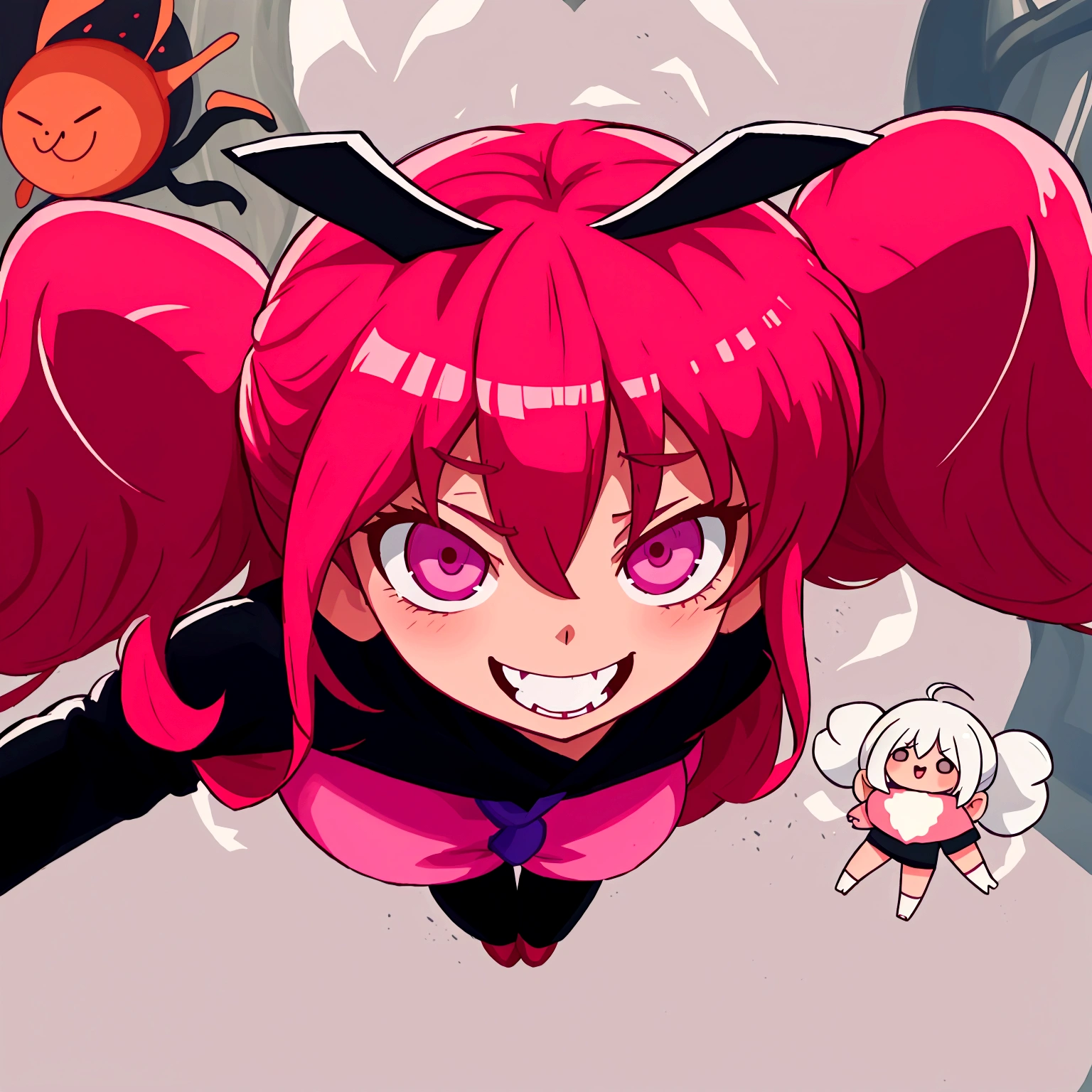 Anime girl with pink hair and a black outfit flies through the air, девочка-волшебница Anime розовые волосы в хвостике и розовые глаза, демон Anime девушка, сегодняшнее Anime-кадр, Anime