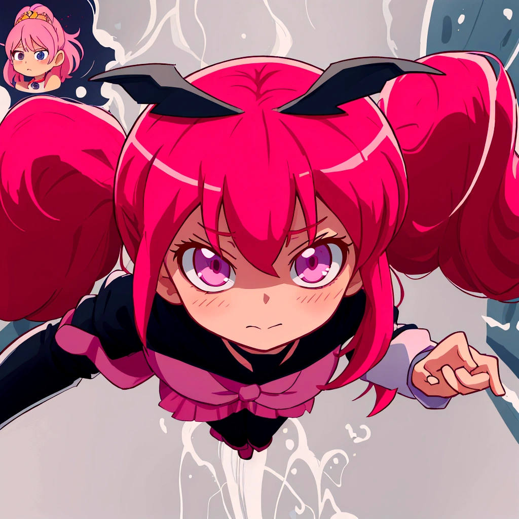 Anime girl with pink hair and a black outfit flies through the air, девочка-волшебница Anime розовые волосы в хвостике и розовые глаза, демон Anime девушка, сегодняшнее Anime-кадр, Anime