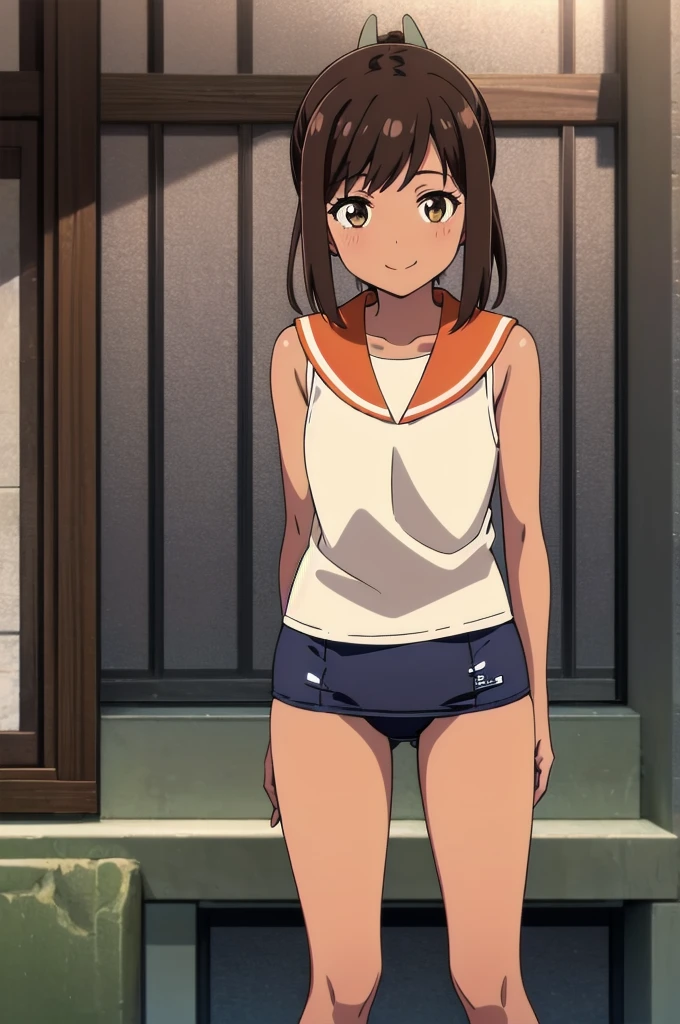 One Girl, alone, whole body, In-person audience, View your audience, smile, I401KC, Brown Hair, Short ponytail, White shirt, Sleeveless,One piece swimsuit, Bare arms, Sleeveless shirt, headgear, School Swimsuit, Sunburn, Sunburnlines, dark skin, Wear a swimsuit under your clothes, Sailor shirt, Orange sailor collar