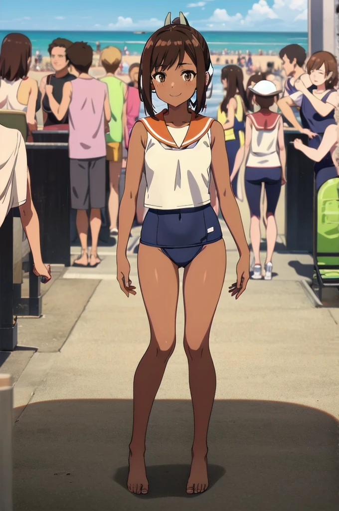 One Girl, alone, whole body, In-person audience, View your audience, smile, I401KC, Brown Hair, Short ponytail, White shirt, Sleeveless,One piece swimsuit, Bare arms, Sleeveless shirt, headgear, School Swimsuit, Sunburn, Sunburnlines, dark skin, Wear a swimsuit under your clothes, Sailor shirt, Orange sailor collar