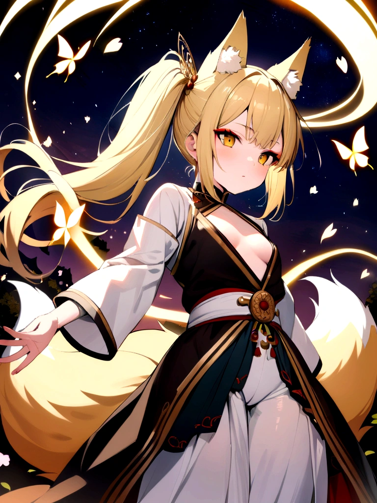 (masterpiece, best quality) junior,detailed, (beautiful,small breasts), blonde,long hair, side ponytail(right),gold butterfly hairband, elegant, (fox ears),nine tailed fox tail, red eyeshadow, golden eyes, femur，漏出femur, white shirt,shaman uniform,cherry blossom background,girl,NIGHT