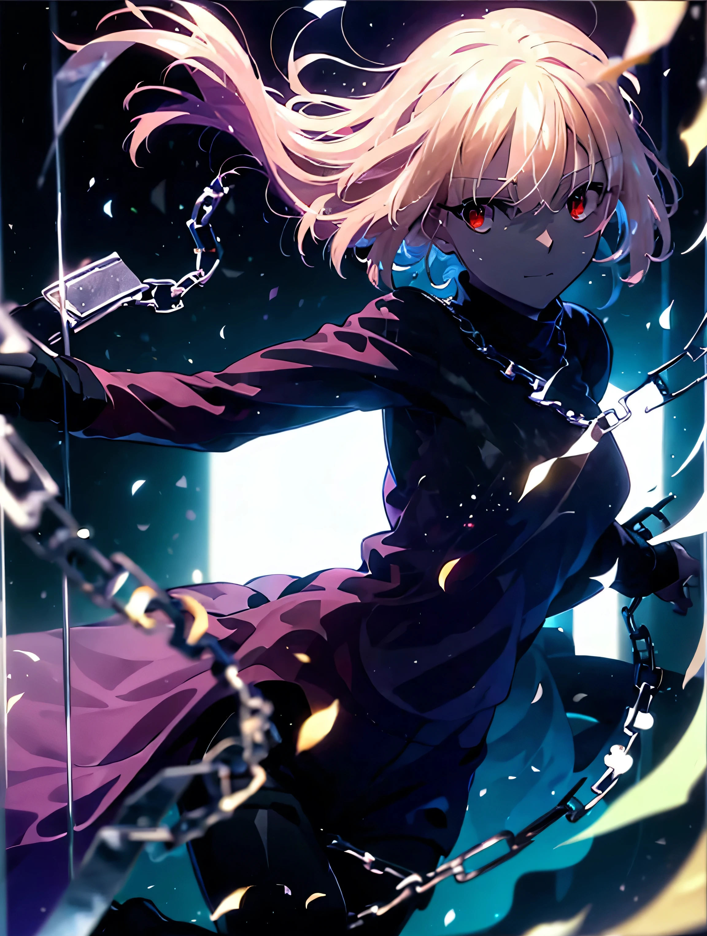 absurdres, uhd, 16k, 1girl, arcueid \(tsukihime\), 1girl, alley, short blonde hair, (((red eyes))), arms behind back, white turtleneck, blush, building, cowboy shot, day, chain necklace \(arcueid\) on chest, large breasts, looking at viewer, outdoors, smile, solo, standing, taut clothes, tight black pants, thigh gap, closed mouth, leaning forward, 2hands, accurate fingers, loish hands, extreme hand detail, normal hands, with fingers, accurate hands, 2thumb