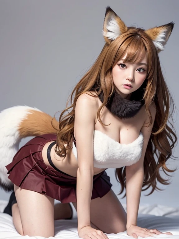 ((Highest quality)), ((masterpiece)), (Familiar), Perfect Face, fox lady, Pretty girl, Fox Ears, Fox tail, She has a northern fox tail, She wags her fluffy tail, fur collar, Beautiful hip line, Big , Thick thighs, A big tail growing out from under the skirt, Nice body, On all fours , Shyly staring at his tail, Only one tail, troubled face