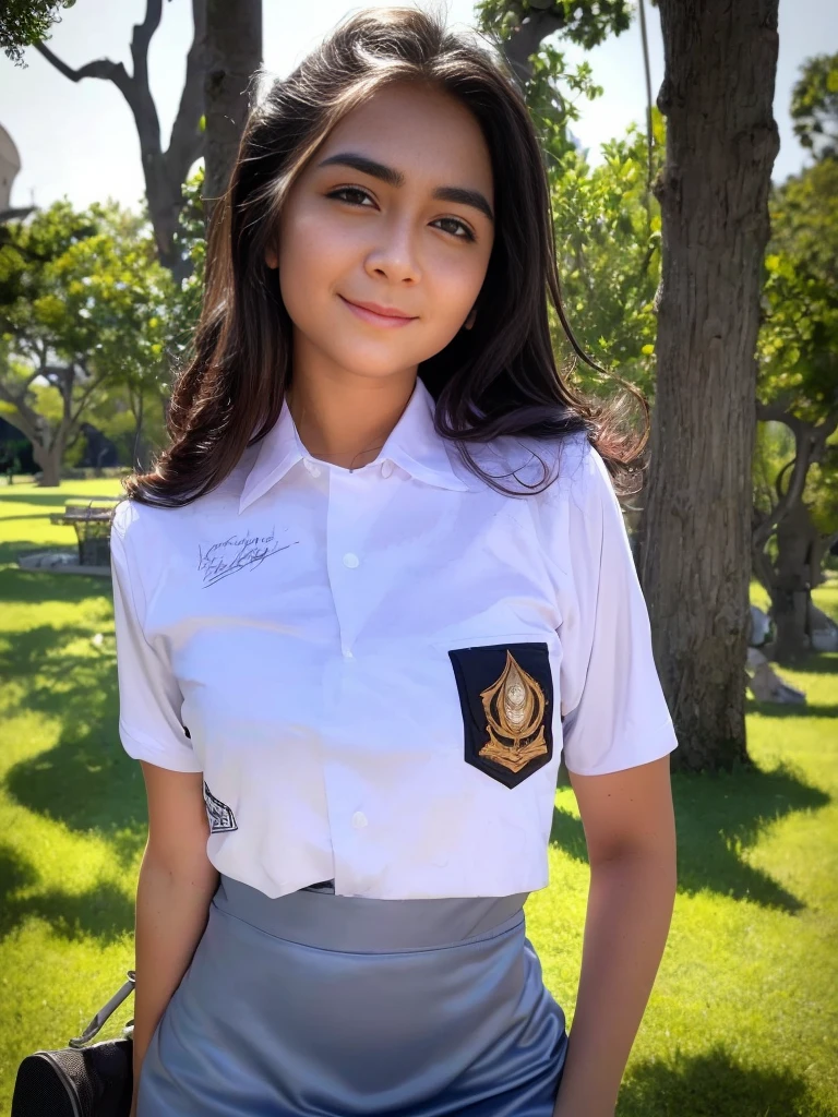 1girl, a girl sitting in the middle of a park, 19-years-old-girl, (Indonesian_high_school_uniform), detailed face, detailed eyes, detailed skin, looking at Viewer, clear light, (8k, RAW photo, best quality, masterpiece: 1.4), (realistic, realistic: 1.37), ultra-high resolution, photorealistic, high resolution, solo, wide muscular hips, realistic face, (detailed face), seductive pose, proportional body, full body view, show legs, sensual smile, wearing white shirt, wearing grey blue skirt, smooth skin, normal head size