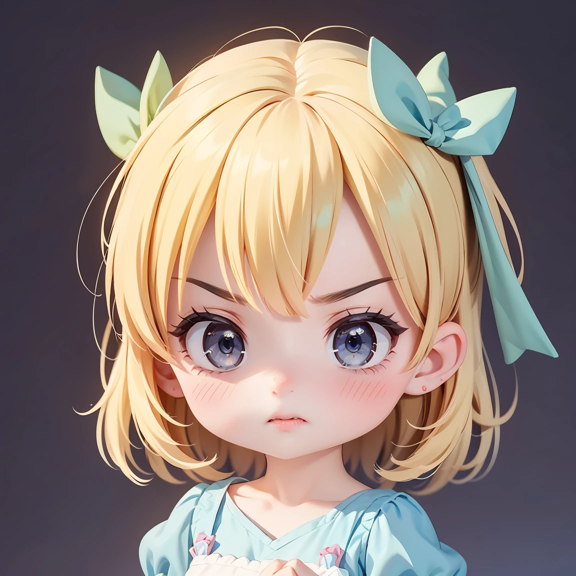  Super Chibi Character：1.8、Wearing cute shoes、background：simple、Blonde Hair、Cute 7 year old girl、Cinderella Dresses、Angry with arms crossed：1.8、Looking this way