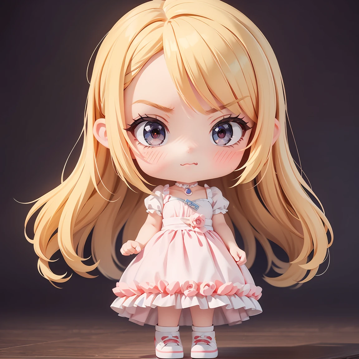 Super Chibi Character:1.8、Wearing cute shoes、background:simple、Blonde Hair、Cute 7 year old girl、Cinderella Dresses、Angry with arms crossed:1.8、Looking this way