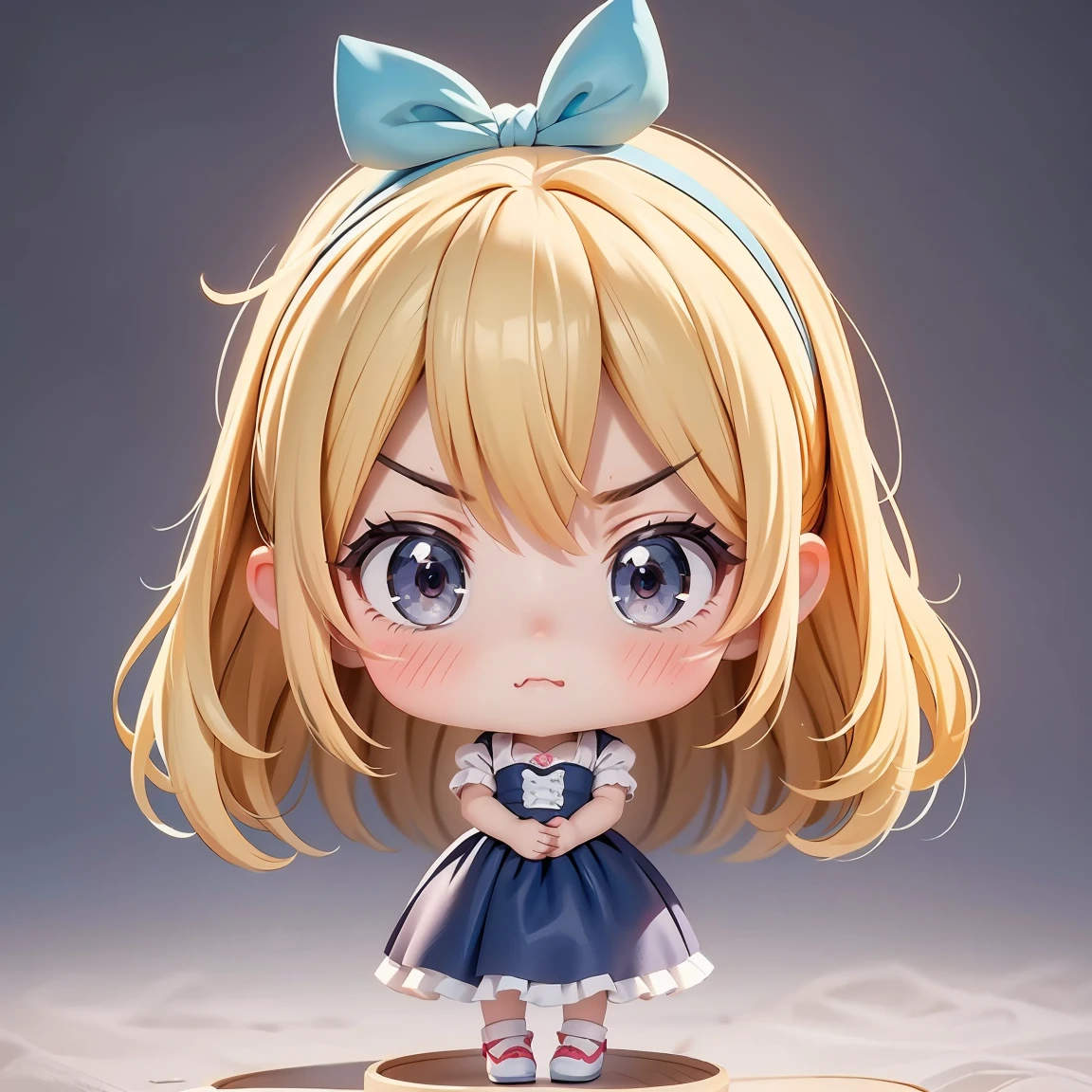  Super Chibi Character：1.8、Wearing cute shoes、background：simple、Blonde Hair、Cute 7 year old girl、Cinderella Dresses、Angry with arms crossed：1.8、Looking this way
