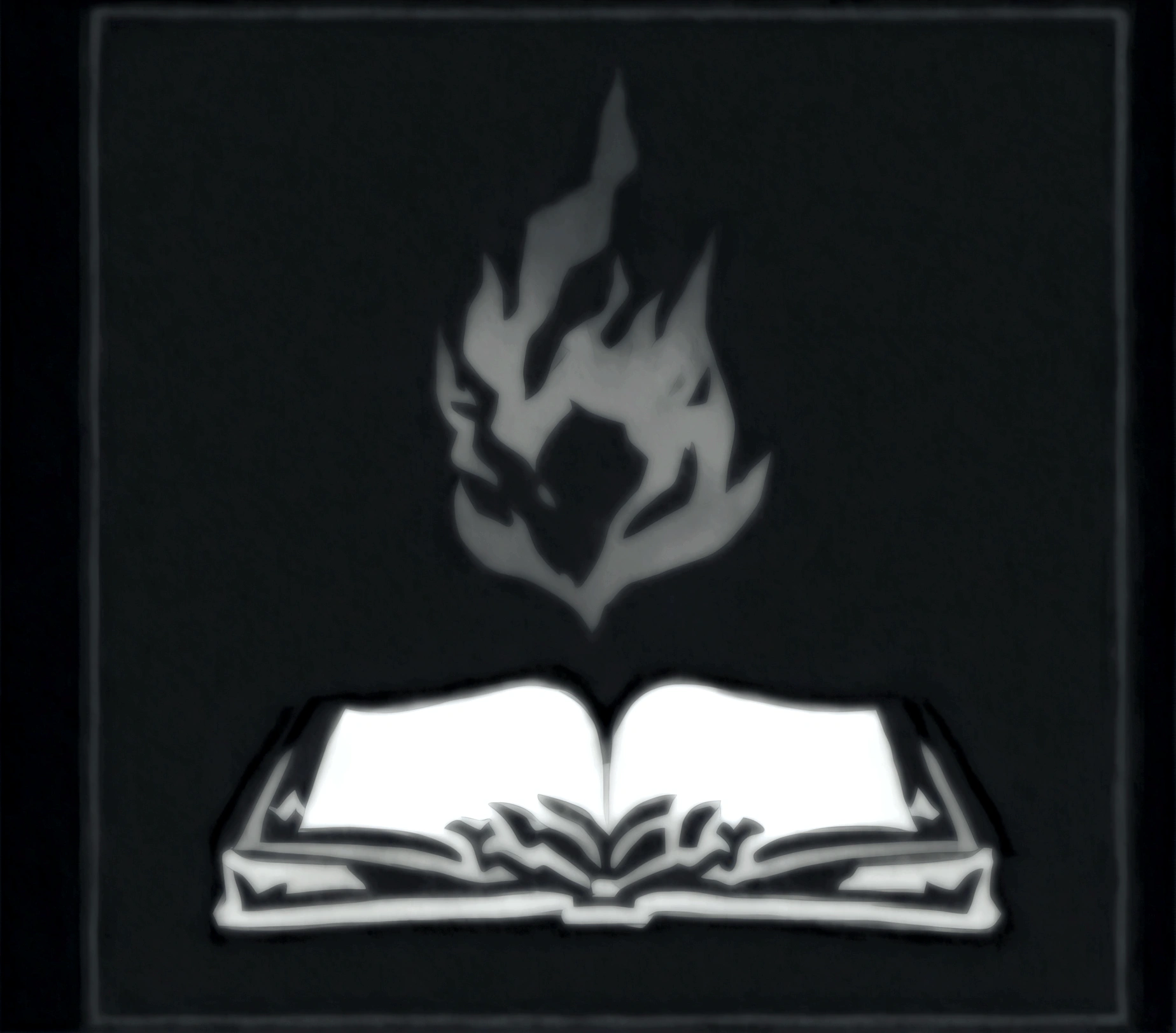 a black and white photo of a book with a flame on it, grimoire, world of warcraft spell icon, fantasy game spell icon, arcane books, magic spell icon, lightning mage spell icon, lost grimoire, fantasy game spell symbol, spell book, ffxiv heavensward, floating spellbook, emblem of wisdom, borne space library artwork