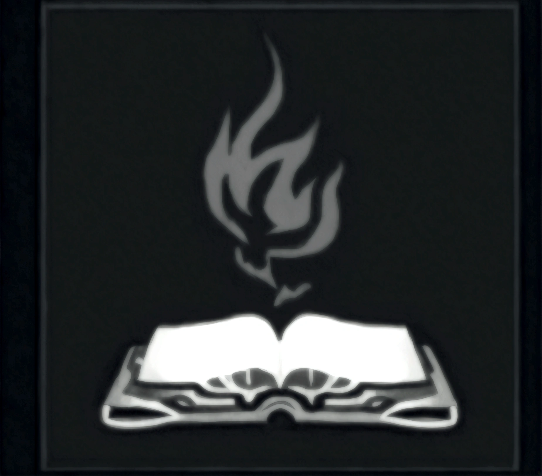 a black and white photo of a book with a flame on it, grimoire, world of warcraft spell icon, fantasy game spell icon, arcane books, magic spell icon, lightning mage spell icon, lost grimoire, fantasy game spell symbol, spell book, ffxiv heavensward, floating spellbook, emblem of wisdom, borne space library artwork