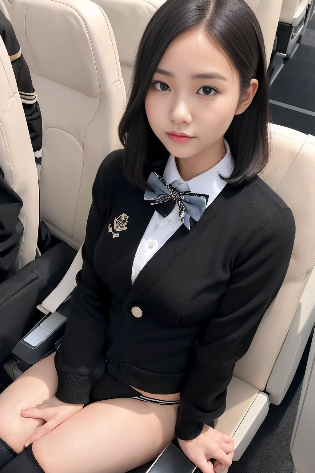 (8x_NMKD-Superscale_150000_G), (best quality), (high resolution), (masterpiece), (standing in airplane aisle), (((flight attendant))), ((short, black hair)), ((cute , baby face))), ((24 years old, 1 beautiful girl)), ((bow tie)), ((Bow tie, black jackets, sexy brassiere, navel peepers, sexy panties, black long socks)), Japanese