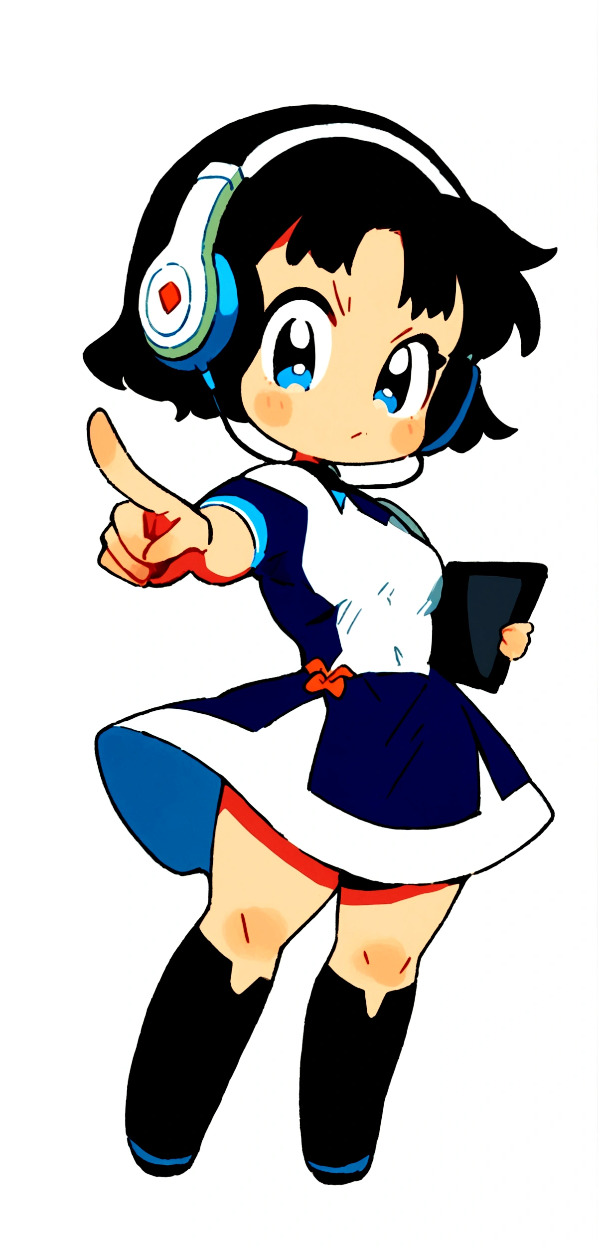 cartoon girl with headphones and a tablet pointing at something, full body!, in an anime style, full_body!!, ecchi anime style, with headphones, with head phones, chibi style, cel shaded!!!, unknown artstyle, thicc, jaidenanimations, chibi, anime moe artstyle, holding a pudica pose