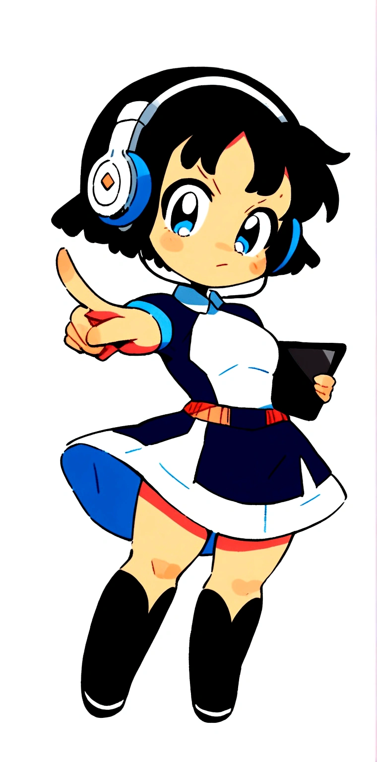 cartoon girl with headphones and a tablet pointing at something, full body!, in an anime style, full_body!!, ecchi anime style, with headphones, with head phones, chibi style, cel shaded!!!, unknown artstyle, thicc, jaidenanimations, chibi, anime moe artstyle, holding a pudica pose