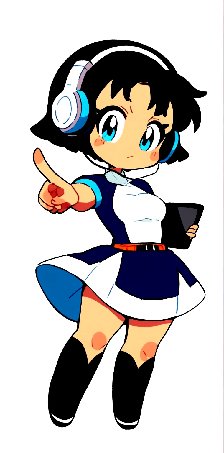 cartoon girl with headphones and a tablet pointing at something, full body!, in an anime style, full_body!!, ecchi anime style, with headphones, with head phones, chibi style, cel shaded!!!, unknown artstyle, thicc, jaidenanimations, chibi, anime moe artstyle, holding a pudica pose