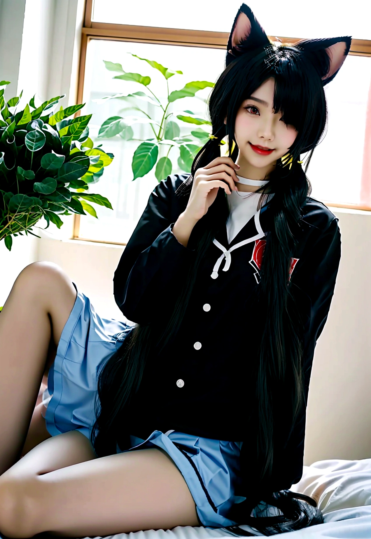 ultra-detailed,highly detailed,best quality,masterpiece,illustration,
The image is another digital artwork of an anime-style girl. She has twin ponytails and heterochromatic eyes, with one red and one yellow. She is wearing a black hoodie with cat ears and a white dress or long shirt underneath. The girl has a choker with a bell around her neck and a slightly blushing expression. She is sitting on a bed, with her knees drawn up and hands near her face, giving a shy or bashful appearance. In the background, there is a pillow with a cute, smiling cat face, and a potted plant can be seen near the window.