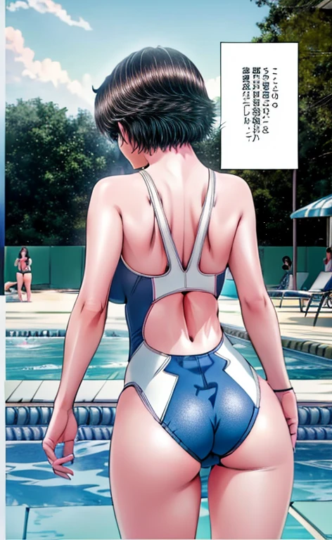 A boyish, short-haired, busty, beautiful-legged woman is standing by the pool in a competitive swimsuit.。Angle from behind。A middle-aged man is standing outside taking pictures of a beautiful woman.。