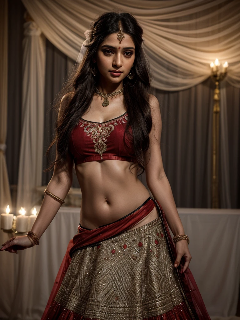 4K, UHD, masterpeice, indian girl, romantic face, detailed eyes, detailed lips, very long hair, straight hair, very long hair, beautiful hair, hair ornaments, hairband, gradient hair, ((red black tanktop)), ((bridal lehenga)), ((decorated blouse)), sardine, (( lehenga)), ((lace)), ornaments, necklace, earring, high lighting, ((bare stomach)), wedding stage, fujicolor, depth of field, ray tracing, ultra realistic detail, 