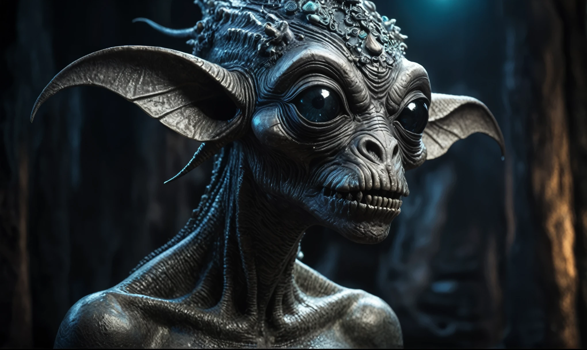 full body length shot,nerd graphite  Alien Entity,native africa slave ,nowadays azctec central city,Cinematic,soft colors, Technicolor,natural skin textures, hyper realism, hyper detailed,Extremely detailed,High contrast,Masterpiece,Realistic,Ultra Detailed, intricate details,realistic humid leather,extremely intricate details,Epic Realistic, cinematic style, irina yermolova,high contrast,hdr,extremely detailed, [deep night landscape],masterpiece, intricate details, eyes extremely detailed, high detailed eyes,8k resolution,retina, Nikon Z9,Korea,orc,Egypt, Pisces, transition between two art styles,full body length, Double contact, X-ray, Creative, vivid light, fantasy, Abstract, Surrealism, super detailed, high resolution,insanity national folk wear,skin  almost translucent, gothic elements, further emphasizing its dark air,Mestichino,Light particles,chaos,starfish's leather,Angkor Wat of Cambodia,"(The best lighting, dark, dramatic),(alien troll half-skull fetus, Hellraiser, Scars, , poison brain, , a rat inside the head, terror.),(fish eyes, calaveras). morning light.

