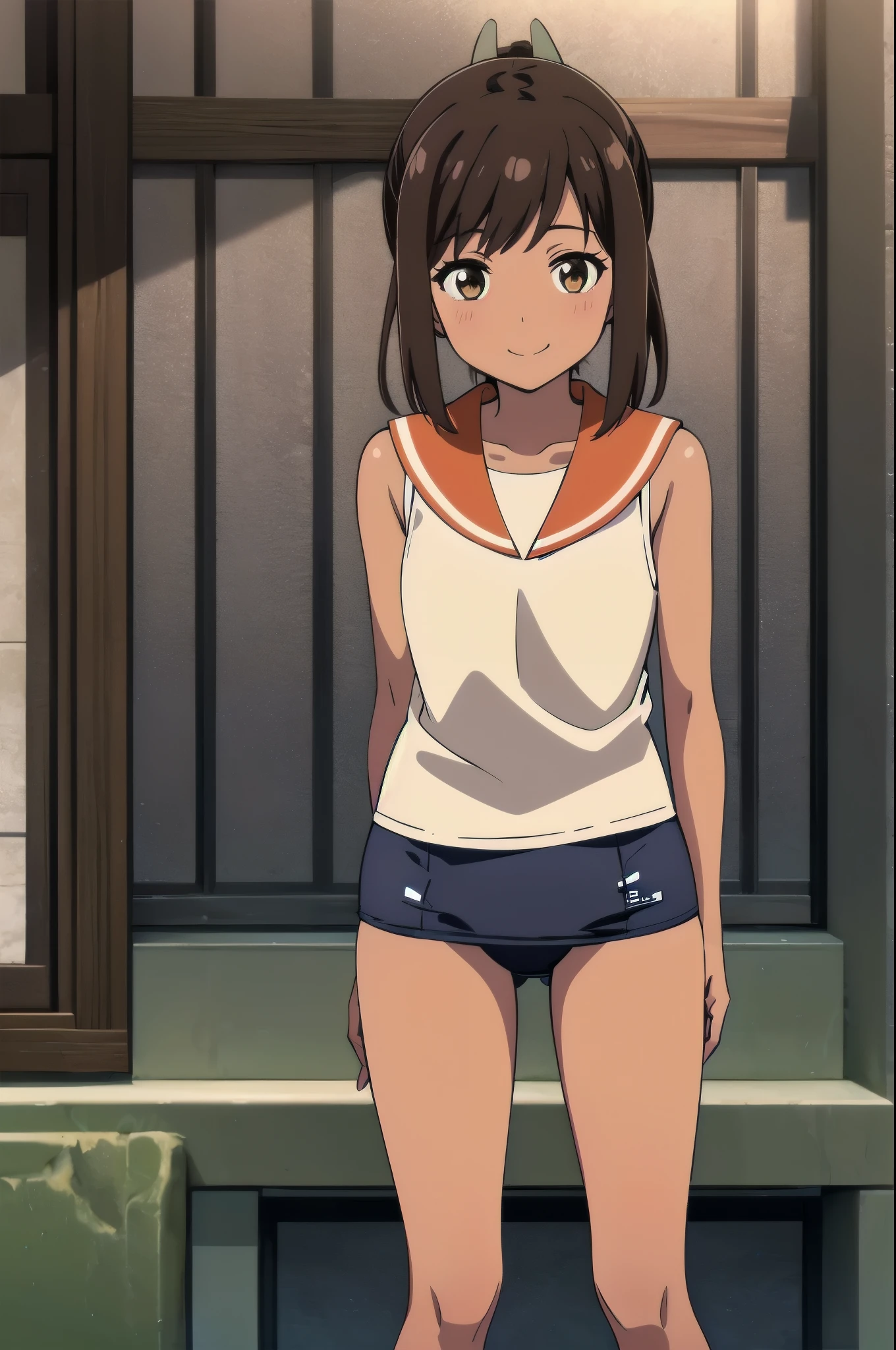 One Girl, alone, whole body, In-person audience, View your audience, smile, I401KC, Brown Hair, Short ponytail, White shirt, Sleeveless,One piece swimsuit, Bare arms, Sleeveless shirt, headgear, School Swimsuit, Sunburn, Sunburnlines, dark skin, Wear a swimsuit under your clothes, Sailor shirt, Orange sailor collar