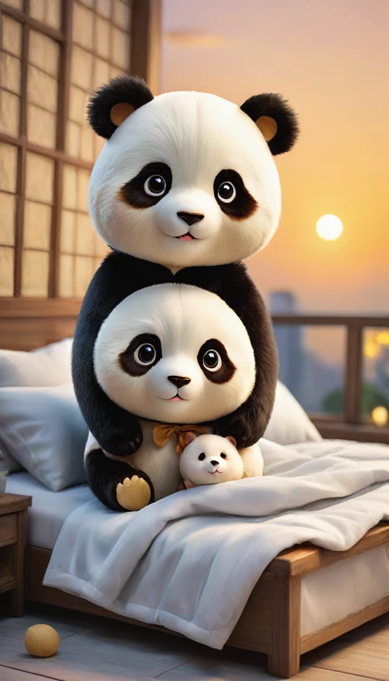 With the sunset in the background,(masterpiece:1.2, high quality), Sleeping together in bed2Baby Panda、
