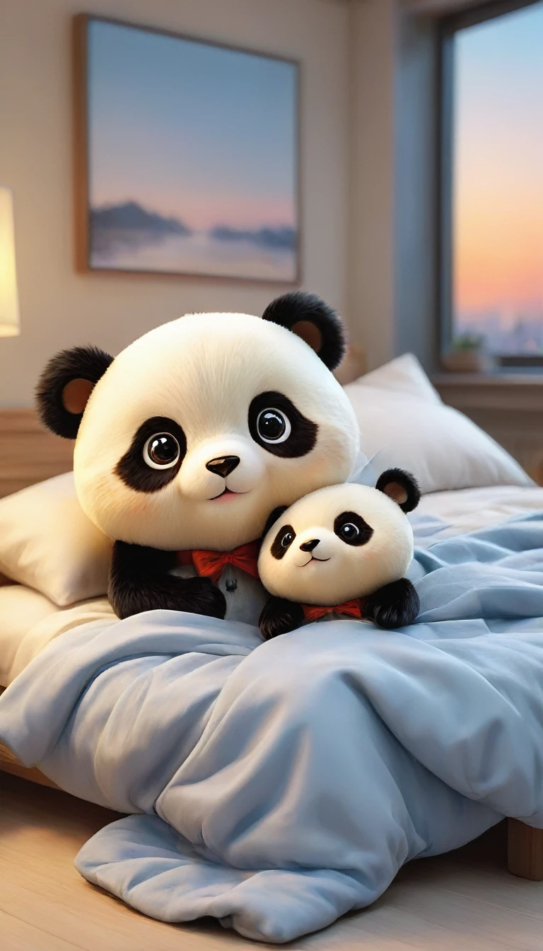 With the sunset in the background,(masterpiece:1.2, high quality), Sleeping together in bed2Baby Panda、