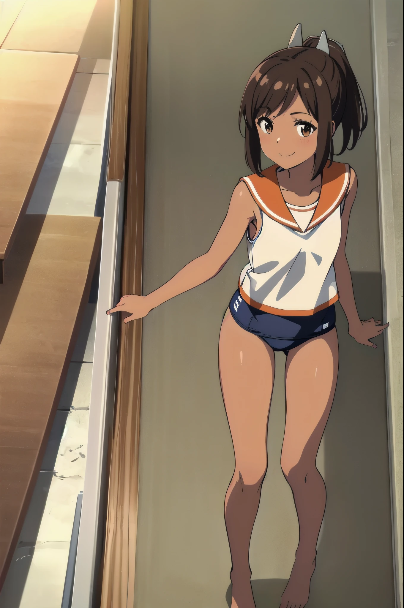 One Girl, alone, whole body, In-person audience, View your audience, smile, I401KC, Brown Hair, Short ponytail, White shirt, Sleeveless,One piece swimsuit, Bare arms, Sleeveless shirt, headgear, School Swimsuit, Sunburn, Sunburnlines, dark skin, Wear a swimsuit under your clothes, Sailor shirt, Orange sailor collar