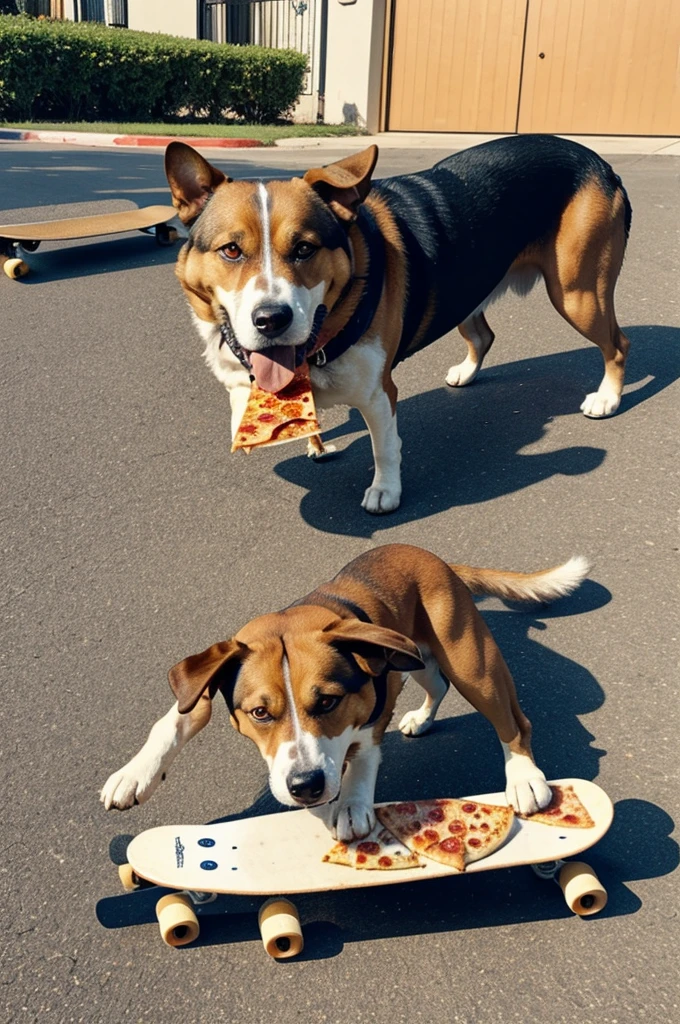 A dog on a skateboard eating pizza