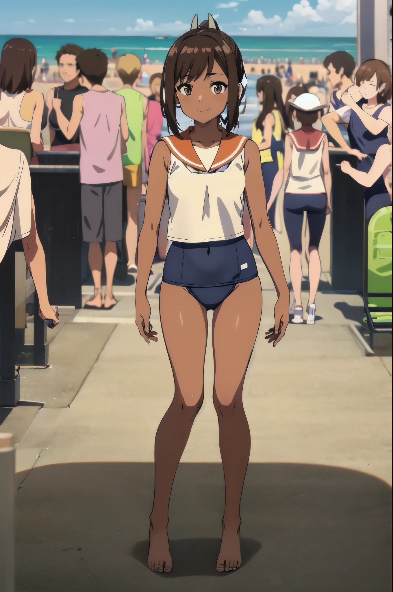 One Girl, alone, whole body, In-person audience, View your audience, smile, I401KC, Brown Hair, Short ponytail, White shirt, Sleeveless,One piece swimsuit, Bare arms, Sleeveless shirt, headgear, School Swimsuit, Sunburn, Sunburnlines, dark skin, Wear a swimsuit under your clothes, Sailor shirt, Orange sailor collar