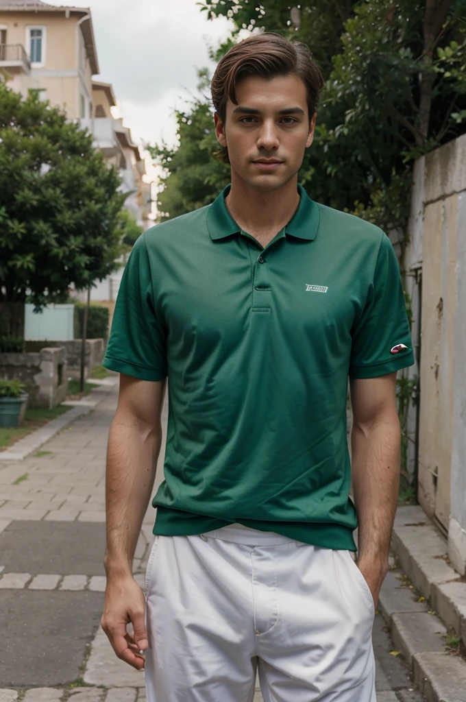 man, 25 years old, green eyes, handsome, 1900 style, tennis clothes from 10's, stylish, from greece, FUJIFILM, cinematography, 16k, uhd, in a street