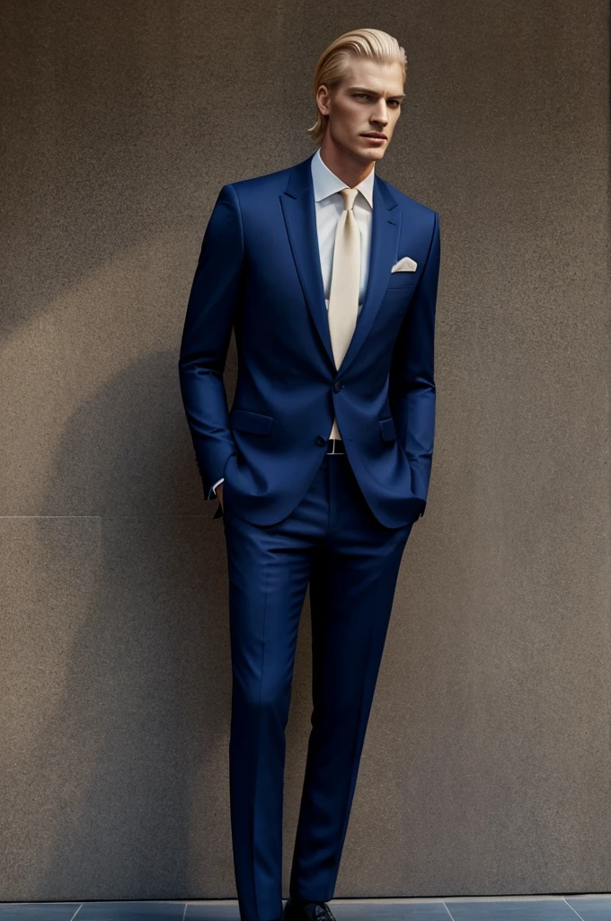 Tall Man, by tez clara, blond hair, black eyes like onyx and a tailored royal blue suit