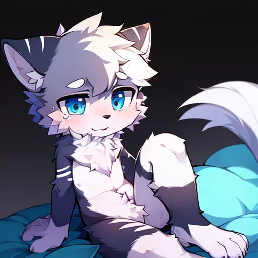 a highly detailed portrait of a shy young boy with a wolf-like appearance, with smooth white fur covering his entire body, striking blue eyes, well-developed limbs, sitting up with one leg raised, tears in his eyes, on a black background, hyper detailed, cute, 8k