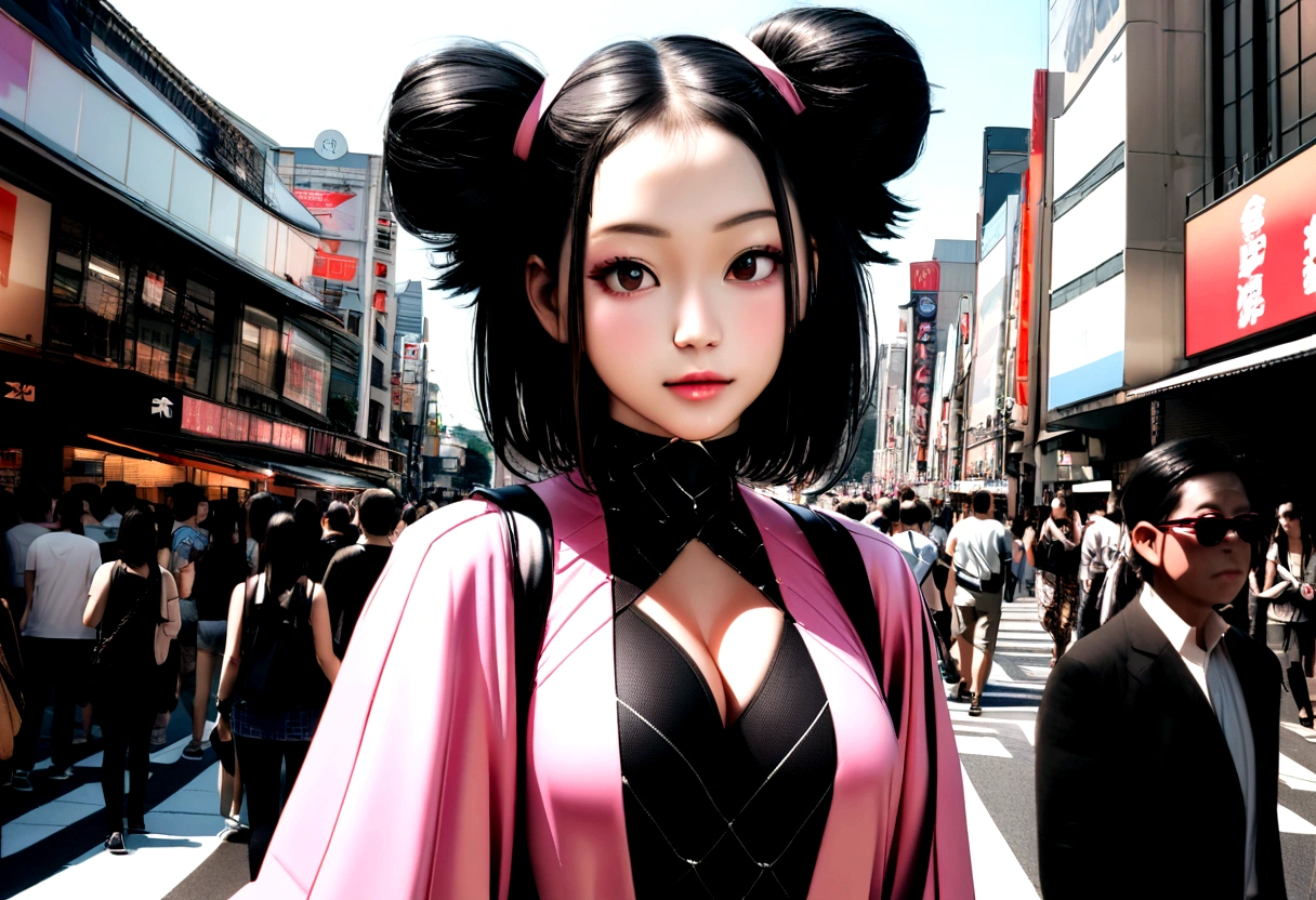 a young cyber fashion girl is standing on the shibuya load in japan, cleavage, hyper real, photo real, high contrast, 8k, high resorution