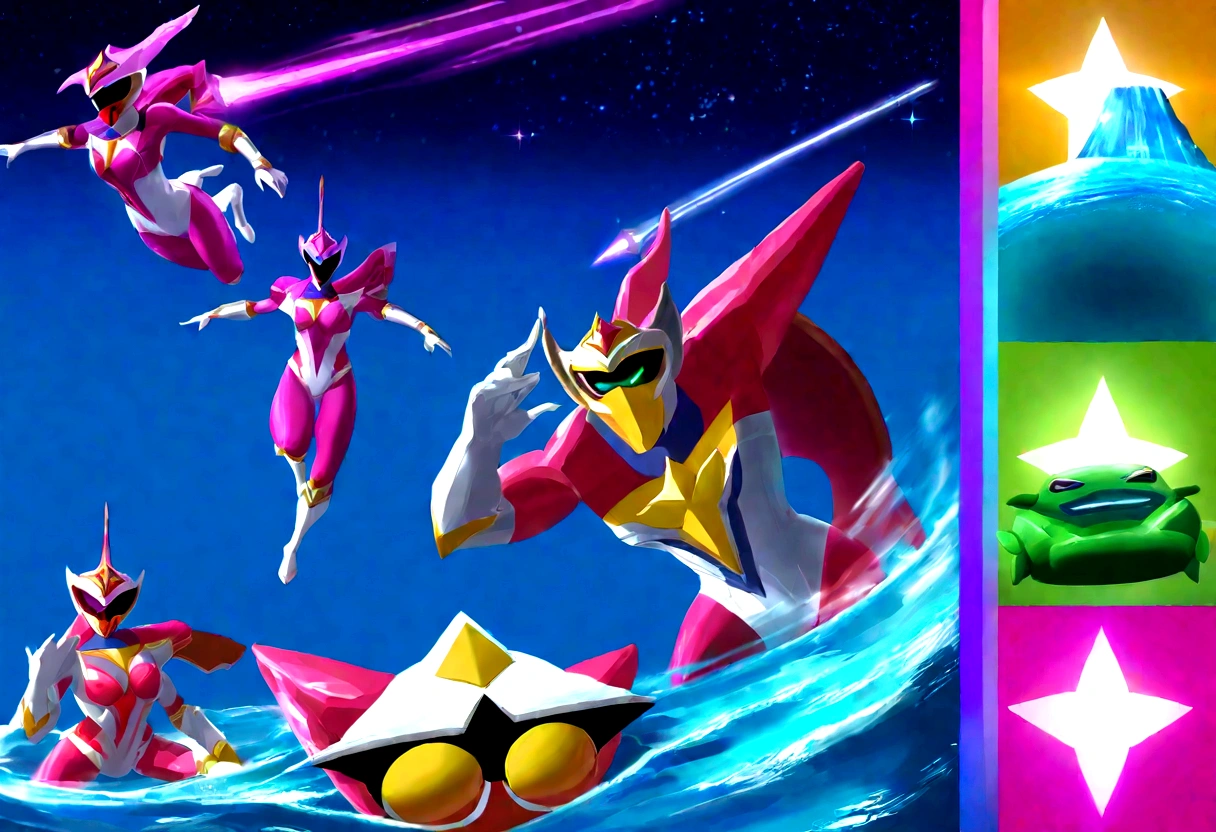 Power Rangers, in color themed swimsuits, are having a pool party, zoids dance in the stars, star and magic filled night on Ranger asteroid