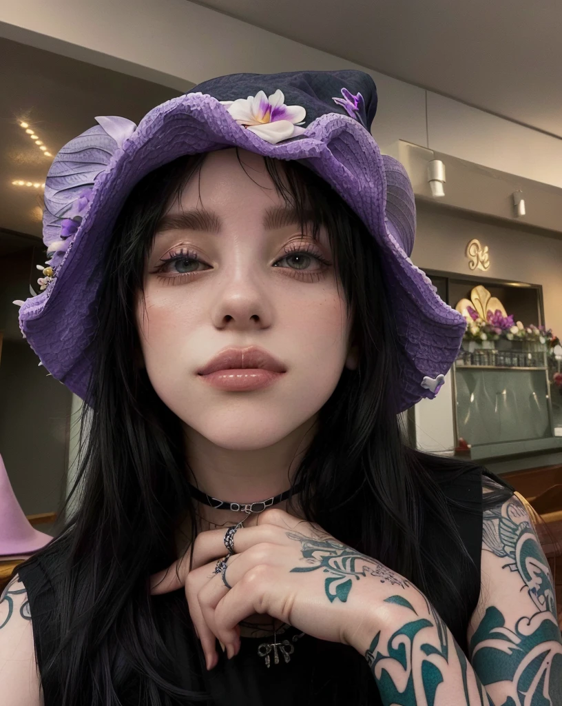Arafed woman with a purple hat and tattoos posing for a photo., her face looks like an orchid, with a strange hat, beautiful dolphin, wearing a cute hat, wearing a choker and a cute hat, contraction serpentine, he wears a cute little hat, Ahegao, cara de Ahegao, she is wearing a hat, He wears a destroyed hat
