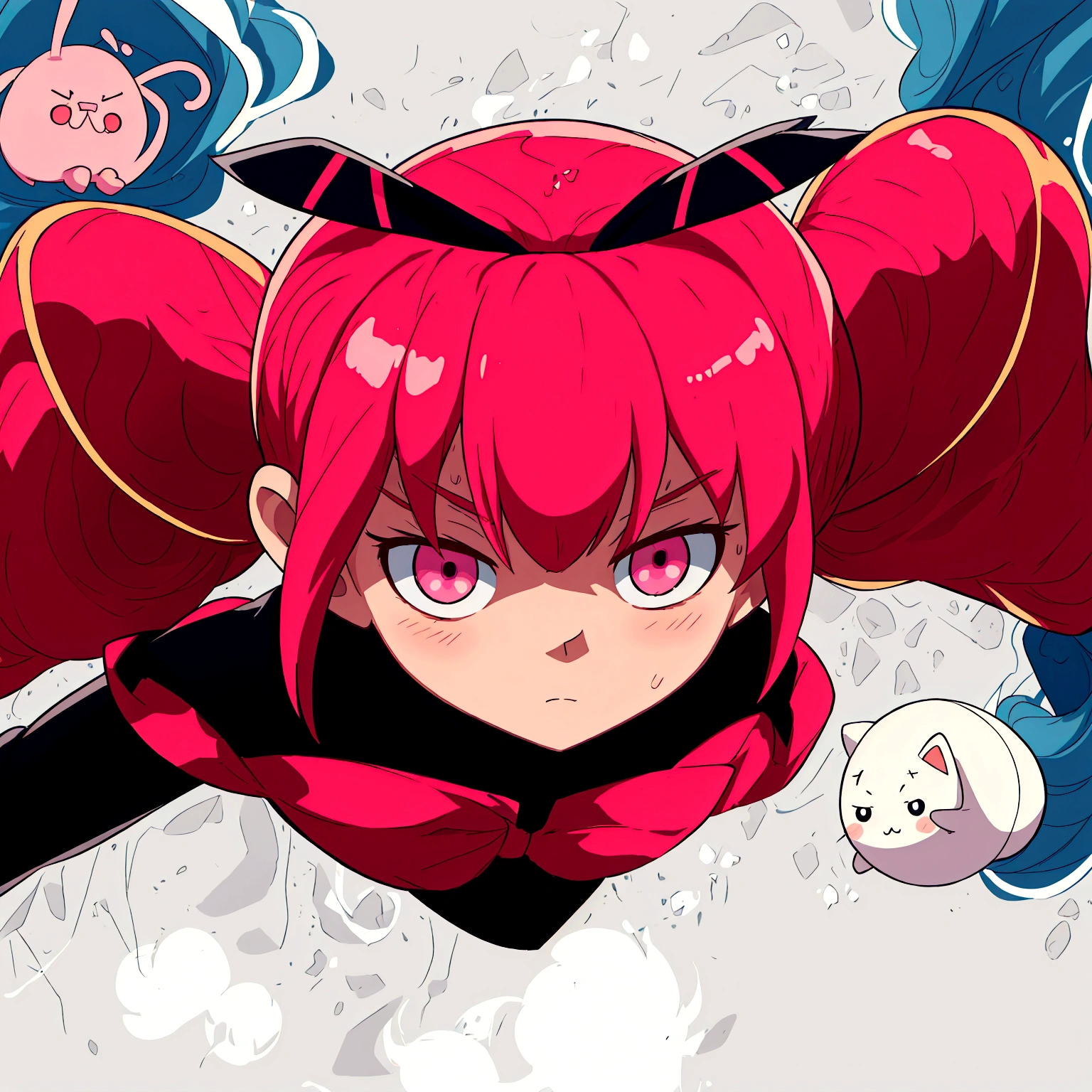 Anime girl with pink hair and a black outfit flies through the air, девочка-волшебница Anime розовые волосы в хвостике и розовые глаза, демон Anime девушка, сегодняшнее Anime-кадр, Anime