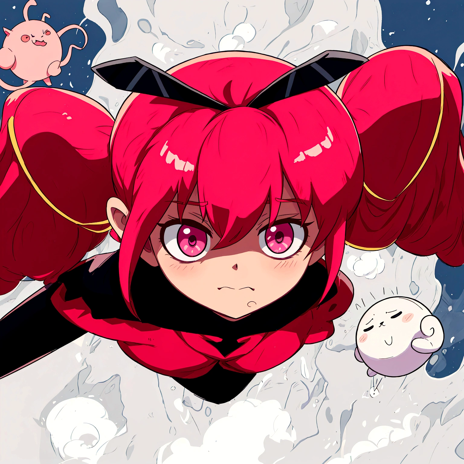 Anime girl with pink hair and a black outfit flies through the air, девочка-волшебница Anime розовые волосы в хвостике и розовые глаза, демон Anime девушка, сегодняшнее Anime-кадр, Anime