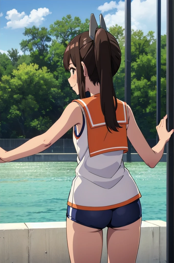 One Girl, alone, whole body, In-person audience, View your audience, smile, I401KC, Brown Hair, Short ponytail, White shirt, Sleeveless,One piece swimsuit, Bare arms, Sleeveless shirt, headgear, School Swimsuit, Sunburn, Sunburnlines, dark skin, Wear a swimsuit under your clothes, Sailor shirt, Orange sailor collar, From behind