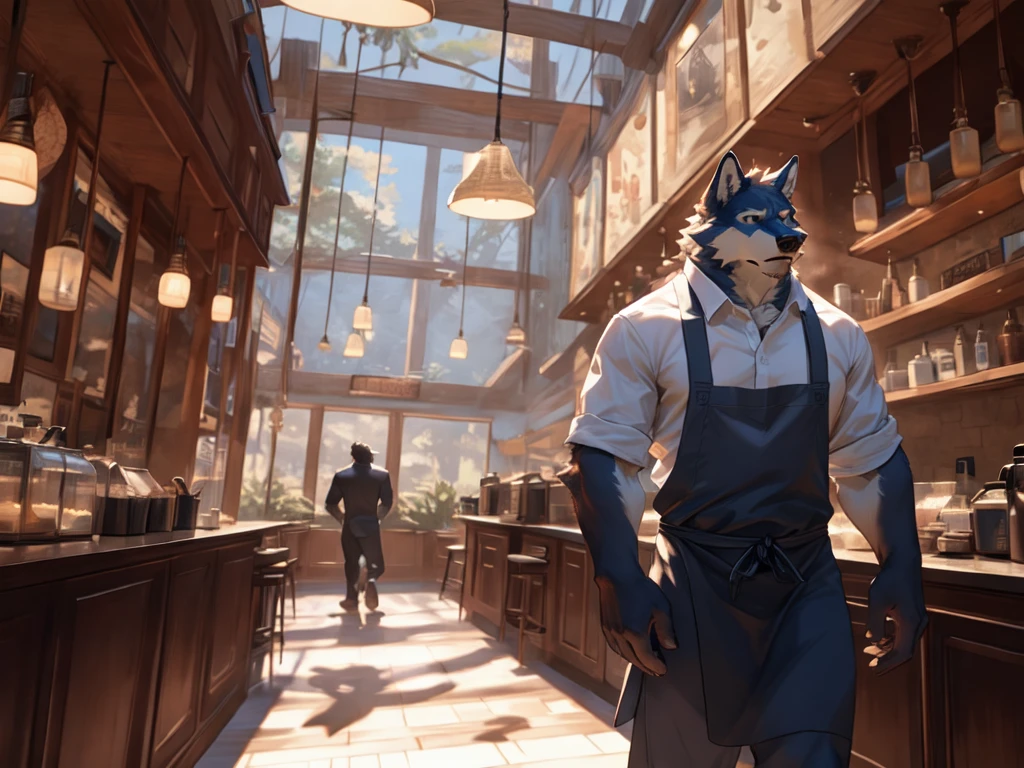 A muscular wolf brown nude man in a cafe, holding a coffee mug, wearing an apron with a visible erected penis, Semi NSFW, 18+, Erected penis, naked apron, Seato-hao style, Null-ghost style, detailed, hyper-realistic, 8k, photorealistic, masterpiece, chiaroscuro lighting, dynamic composition, dramatic shadows, warm color palette, cinematic atmosphere