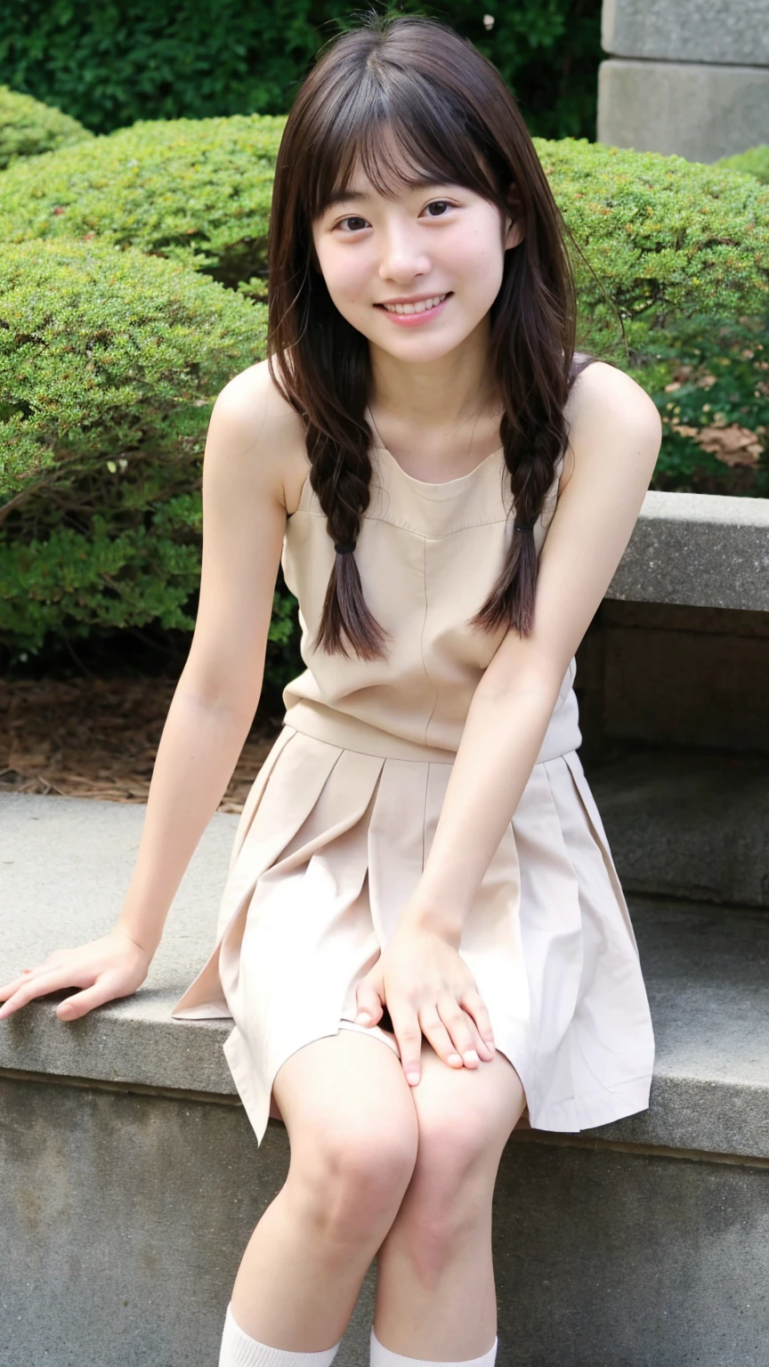 masami nagasawa、Japanese、woman、smile、Nude,just,neked,Observe the audience、University garden、bangs、22 years old、Low Twintails、Small eyes、round face、Small Mouth、Pleated skirt