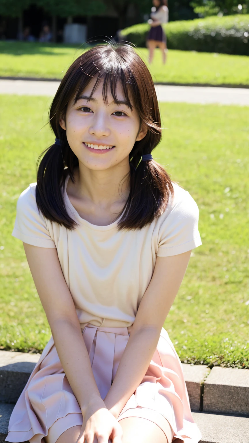 masami nagasawa、Japanese、woman、smile、Nude,just,neked,Observe the audience、University garden、bangs、22 years old、Low Twintails、Small eyes、round face、Small Mouth、Pleated skirt