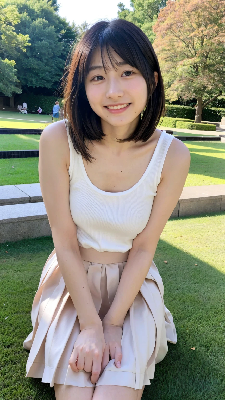 masami nagasawa、Japanese、woman、smile、Nude,just,neked,Observe the audience、University garden、bangs、22 years old、Low Twintails、Small eyes、round face、Small Mouth、Pleated skirt