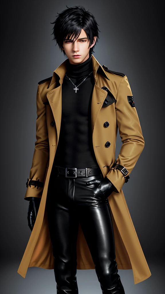 Final fantasy taste and reality graphics, Japanese young cute and cool ikemen  boy, his age is early 20s, thin eyebrows and beady eyes,  he wearing orange beige color double brest very thick trench coat, with a black color neck fur.,neck fur is black color, must black neck fur,
Must tighten your belt og coat, with epaulet, must close the front of the trench coat,, trench coat cloth the front, also wearing black very thick turtleneck lackluster shirts,  tight black leather pants, shiny black leather tight and must put on a thin leather glove both hands, black leather knee-high raceup boots,must views  head-to-toe,must views whole body, boy looks like fashion model,Do not show skin from the neck down,leather jacket leather glove and leather pants have few wrinkles,boy in the room,,Avoid showing your innerwear